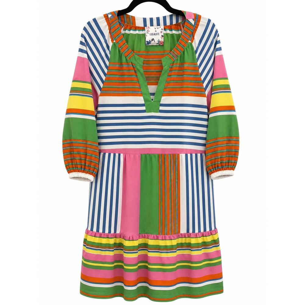 Lulalife Multicolor Striped Cotton Tunic Boho Tiered Dress Size L